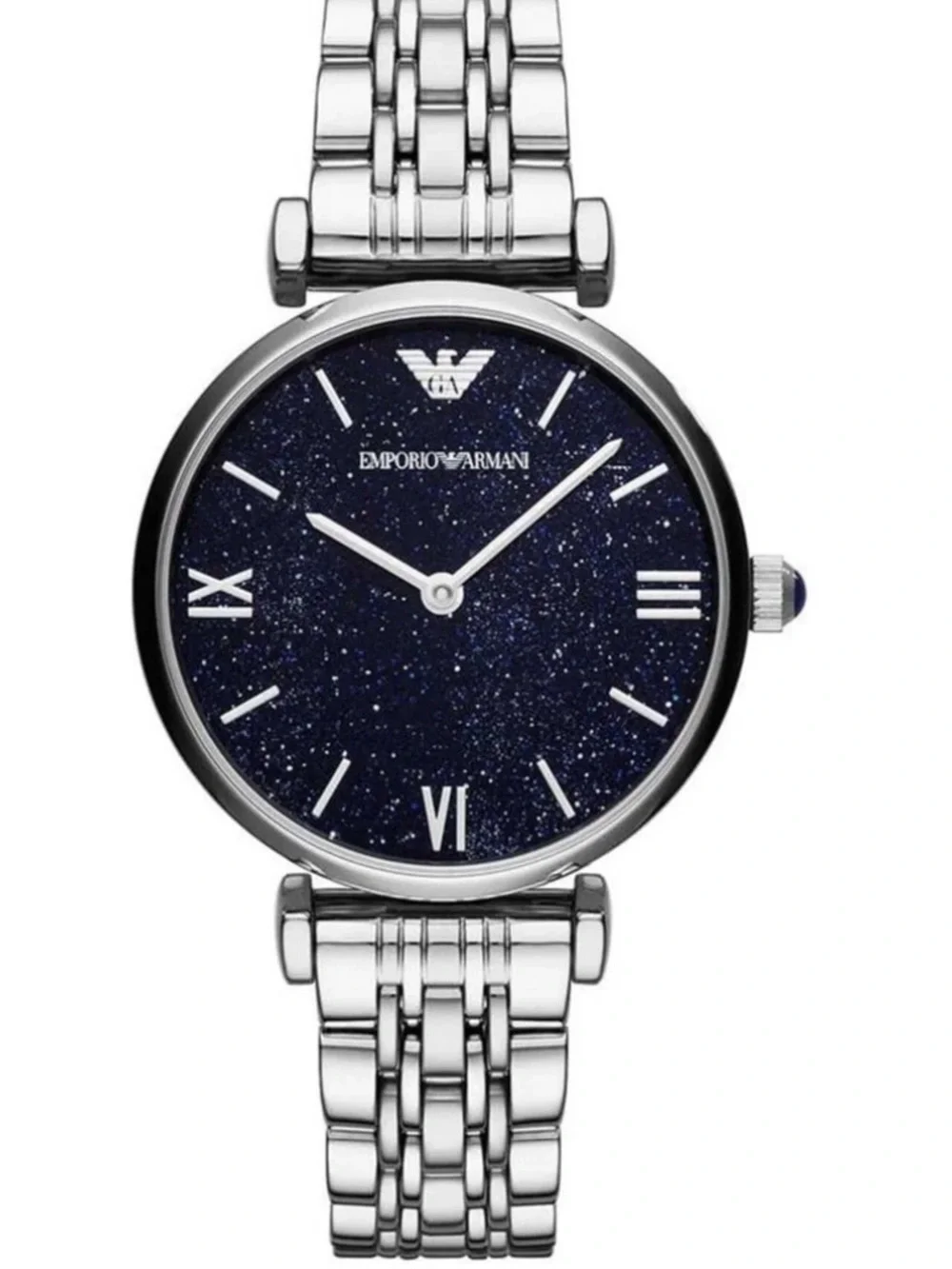 Emporio Armani women’s Silver Bracelet Watch with Sparkling Navy Dial